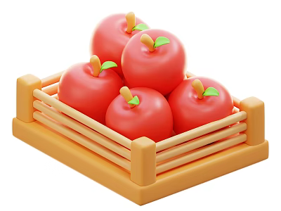 Fresh Ripe Red Apples with Green Leaves Arranged in a Wooden Crate 3d model
