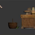 Rustic Kitchen Setup With Wooden Barrel Chest Chopsticks Food Plate Clay Pot Eggs And Vegetables