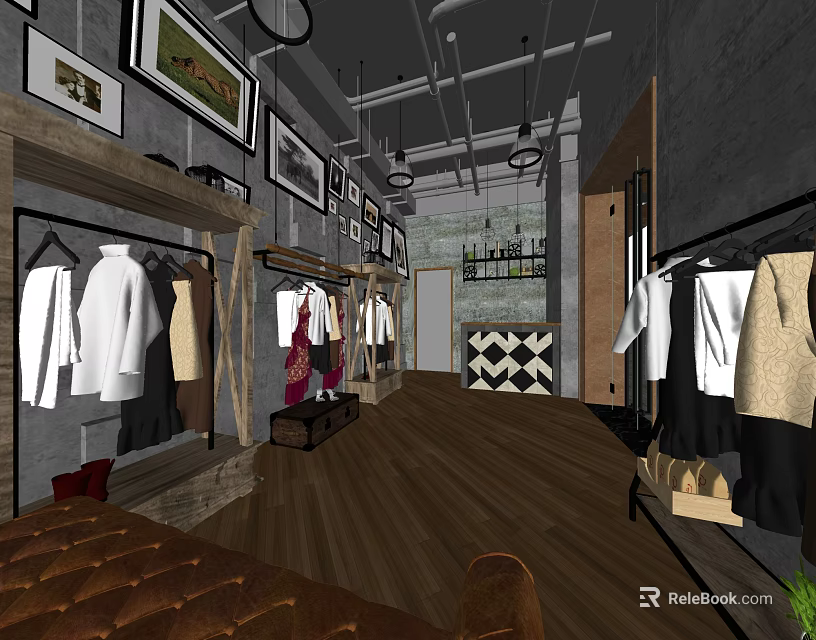 Modern Clothing Store Interior With Clothing Racks Decorative Paintings And Leather Sofa 3d model 