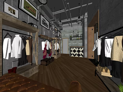 Modern Clothing Store Interior With Clothing Racks Decorative Paintings And Leather Sofa 3d model