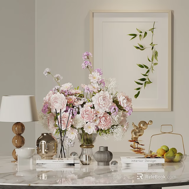 Elegant Decorative Ornament Set With Floral Arrangement Vase Table Lamp Golden Ornaments And Fruit Basket 3d model 