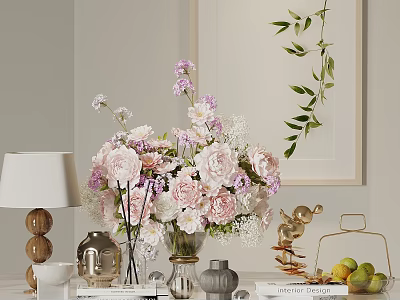 Elegant Decorative Ornament Set With Floral Arrangement Vase Table Lamp Golden Ornaments And Fruit Basket 3d model