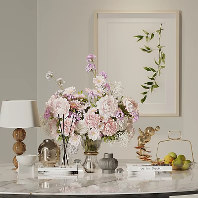 Elegant Decorative Ornament Set With Floral Arrangement Vase Table Lamp Golden Ornaments And Fruit Basket 3d model