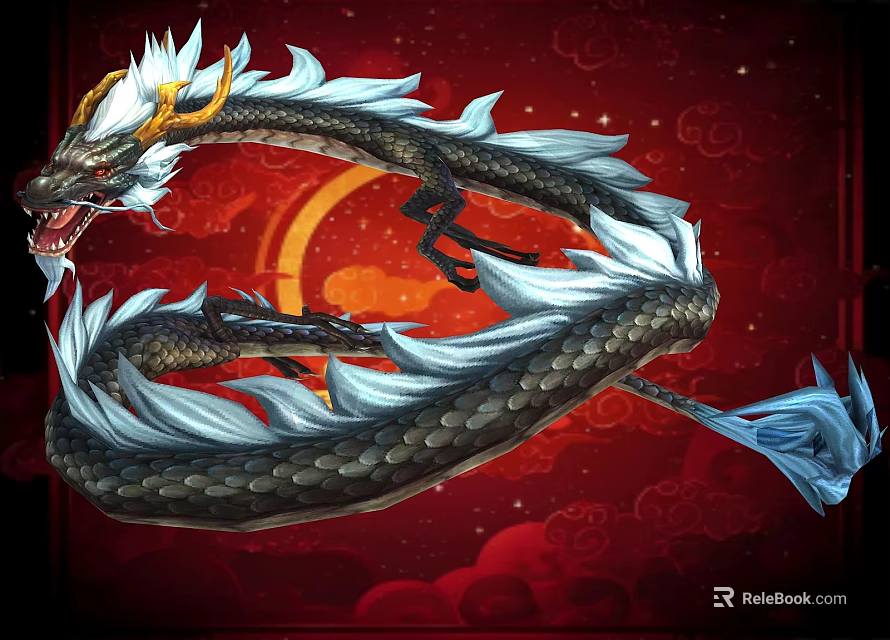 Mythical Flying Dragon With White Mane And Black Scales On Red Cloudy Background 3d model 
