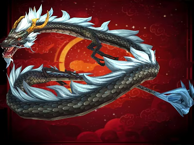Mythical Flying Dragon With White Mane And Black Scales On Red Cloudy Background 3d model