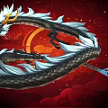 Mythical Flying Dragon With White Mane And Black Scales On Red Cloudy Background