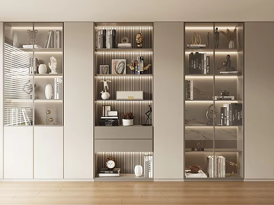 Modern Built in Bookcase Design With LED Lights Glass Doors And Decorations 3d model