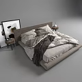 Modern Double Bed With Wooden Headboard Nightstands Gray Bedding And Wall Art