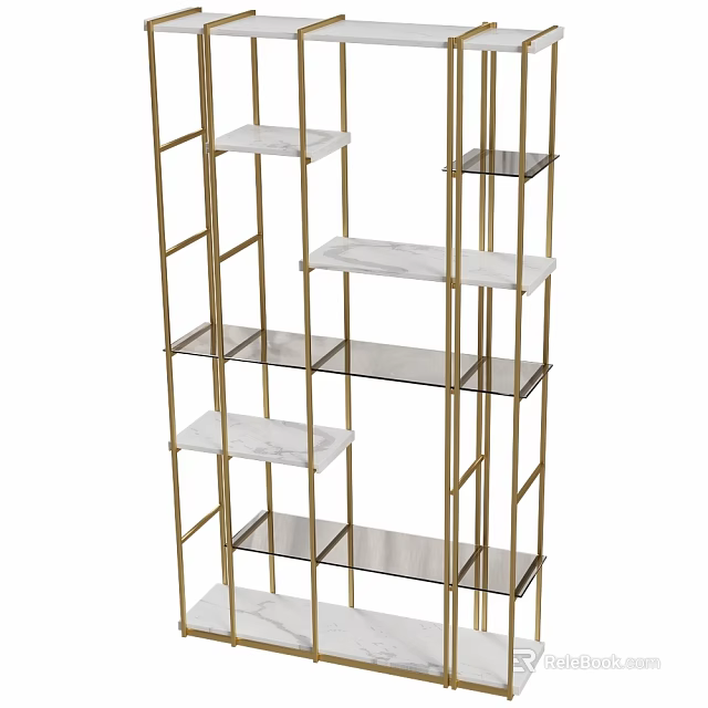 Modern Gold Metal Frame Glass And Marble Shelves Multi Tier Display Shelving Unit 3d model 