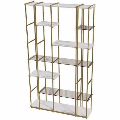Modern Gold Metal Frame Glass And Marble Shelves Multi Tier Display Shelving Unit 3d model
