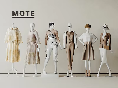 Fashion Mannequins In Different Poses Displaying Diverse Stylish Outfits Against Light Wall 3d model