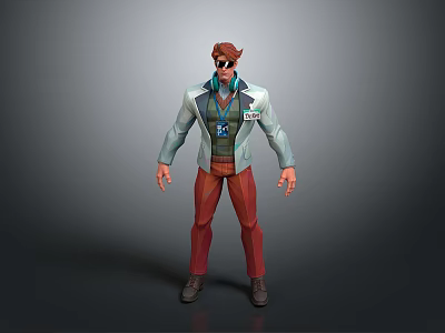 3D Character Design With Sunglasses Brown Hair Light Blue Jacket And Red Pants 3d model