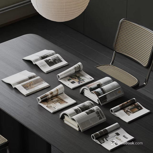 Open Magazines On Black Table Showcasing Photos With Woven Backrest Chair 3d model 