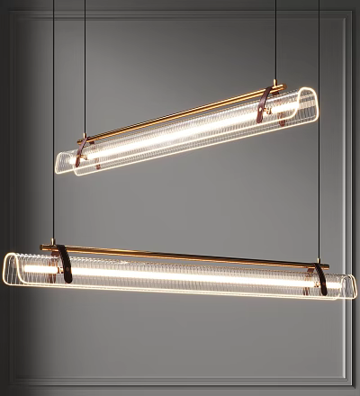 Modern Minimalist Hanging Pendant Lights with Long Rectangular Transparent Glass and Copper Brackets 3d model