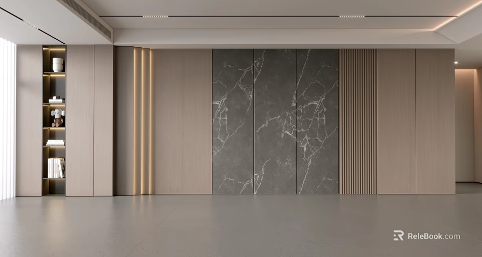 Modern Minimalist Interior Background Wall With Gray Marble Texture Lighting Strips And Decorative Strips 3d model 