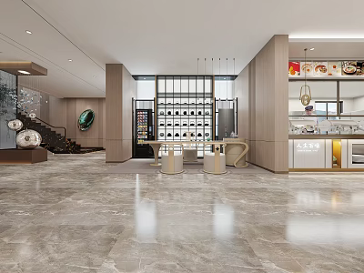 Modern Hotel Lobby Interior With Marble Flooring Pendant Lights And Staircase 3d model