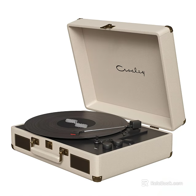 Crosley Turntable With Cream Colored Open Case And Black Vinyl Platter 3d model 