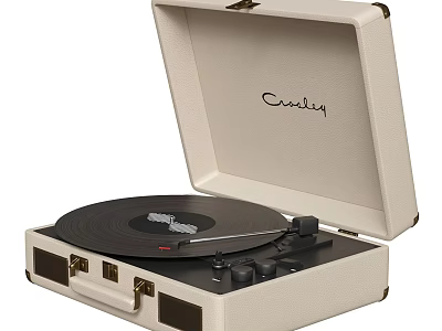 Crosley Turntable With Cream Colored Open Case And Black Vinyl Platter 3d model