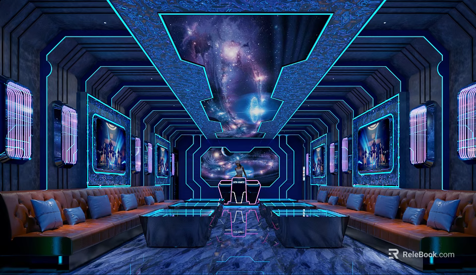 Modern KTV Room Interior With Starry Sky Ceiling Blue Lighting Sofas And LED Screens 3d model