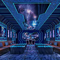 Modern KTV Room Interior With Starry Sky Ceiling Blue Lighting Sofas And LED Screens