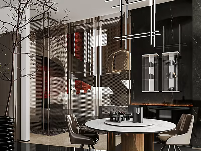 Modern Restaurant Interior With Round Dining Table Leather Chairs And Hanging Decorative Lights 3d model