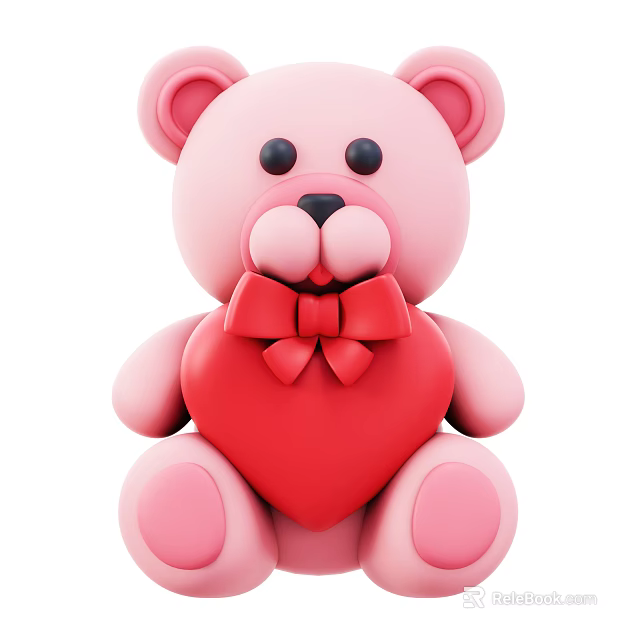 Cute Pink Teddy Bear Decorative Ornament Set With Red Heart And Bow 3d model 