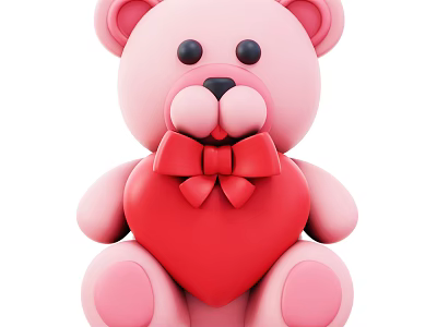 Cute Pink Teddy Bear Decorative Ornament Set With Red Heart And Bow 3d model