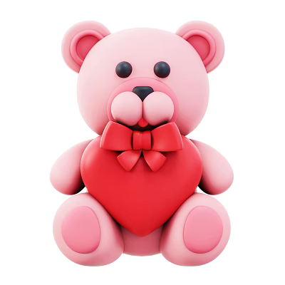 Cute Pink Teddy Bear Decorative Ornament Set With Red Heart And Bow 3d model