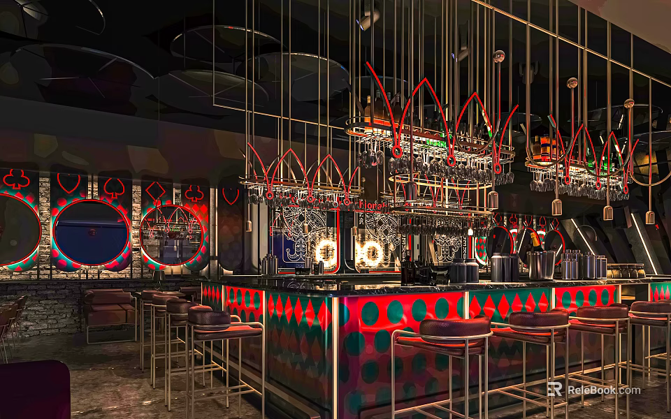 Modern Bar Interior With Neon Lights Colorful Counter High Stools And Decorative Shelves Wine Racks 3d model 