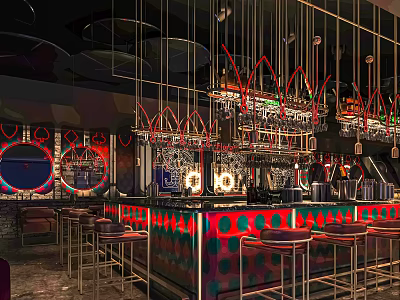 Modern Bar Interior With Neon Lights Colorful Counter High Stools And Decorative Shelves Wine Racks 3d model