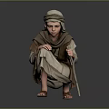 Child In Traditional Robe And Headscarf Crouching With Wooden Cane On Gray Background