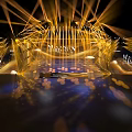 Stage With Golden Dynamic Lighting Effects And Modern Backdrop Design Setup 3d model