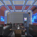 Modern KTV Room Interior With Blue Lighting Large Screen And Comfortable Sofa 3d model
