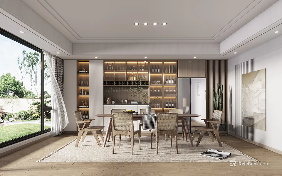 Restaurant Interior Design with Wine Shelves Dining Table Chairs and Natural Light 3d model