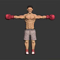 Shirtless Muscular Man With Red Boxing Gloves And Gray Shorts Standing With Arms Outstretched