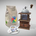 Vintage Wooden Coffee Grinder With Coffee Bag And Cup For Kitchen