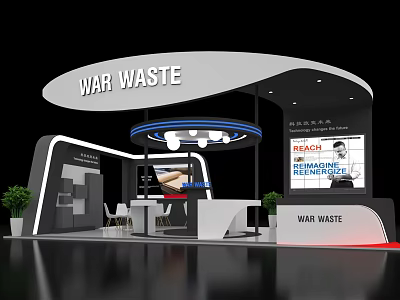 WAR WASTE Exhibition Booth With Modern Design Curved Roof Display Screen Tables Chairs Green Plants 3d model