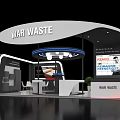 WAR WASTE Exhibition Booth With Modern Design Curved Roof Display Screen Tables Chairs Green Plants