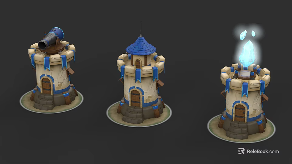 European Style Architecture Towers With Blue Spires Stone Structure Arched Doors And Glowing Elements 3d model 