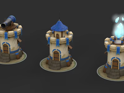 European Style Architecture Towers With Blue Spires Stone Structure Arched Doors And Glowing Elements 3d model