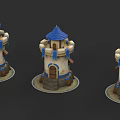 European Style Architecture Towers With Blue Spires Stone Structure Arched Doors And Glowing Elements