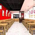 Bright Fast Food Restaurant Interior With Red Walls Posters Wooden Tables And Display Counters