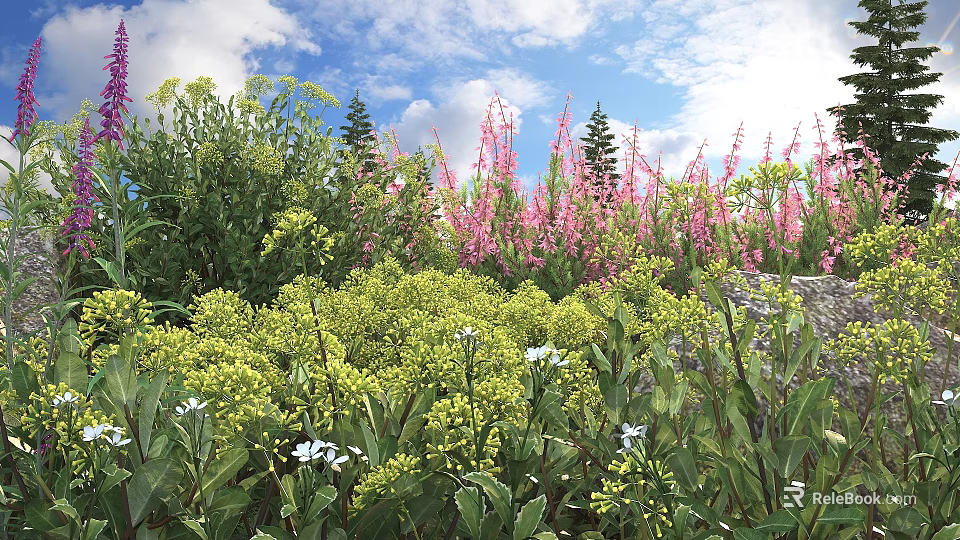 Vibrant Garden Shrubs Featuring Pink Yellow And White Flowers Under Blue Sky With Clouds 3d model 