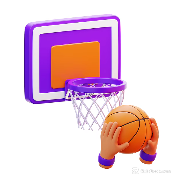 Basketball Sports Equipment With Hoop Purple Frame Orange Backboard White Net And Hands Holding Basketball 3d model 