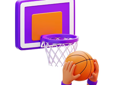 Basketball Sports Equipment With Hoop Purple Frame Orange Backboard White Net And Hands Holding Basketball 3d model