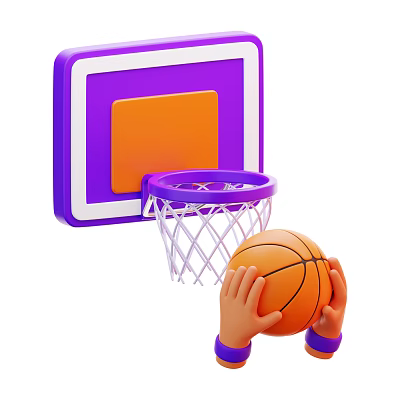 Basketball Sports Equipment With Hoop Purple Frame Orange Backboard White Net And Hands Holding Basketball 3d model