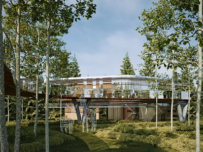 Modern Detached Villa Surrounded By Trees With Terrace Staircase And Lush Greenery 3d model