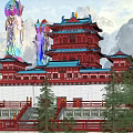 Ancient Chinese Architecture Multi Story Red Tower With Blue Roofs Set Against Mountain Landscape