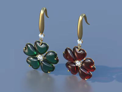 Flower Shaped Earrings With Heart Shaped Petals Green Red Central Diamond Gold Hooks 3d model