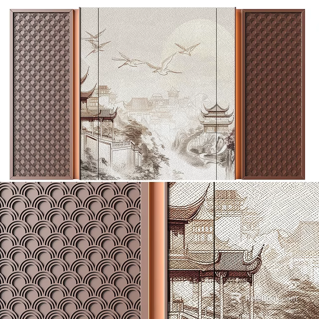 Chinese Neoclassical Style Background Wall With Crane Landscape And Fan Pattern Design 3d model